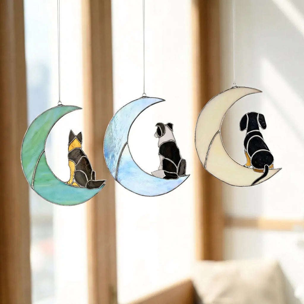 Stained Glass Dog on Crescent Moon Suncatcher