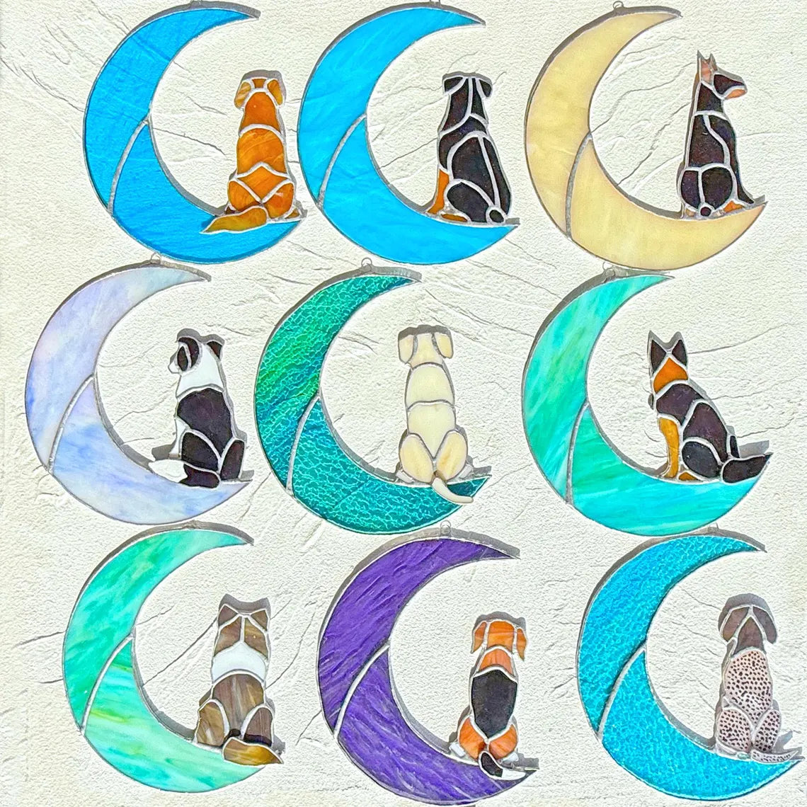 Stained Glass Dog on Crescent Moon Suncatcher