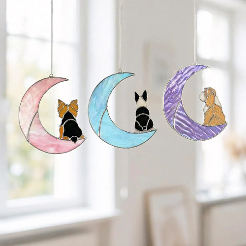 Stained Glass Dog on Crescent Moon Suncatcher