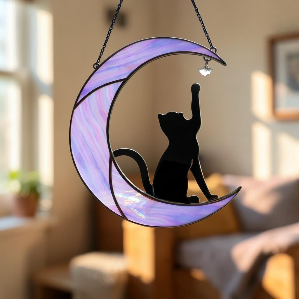 Stained Glass Cat on Moon Suncatcher