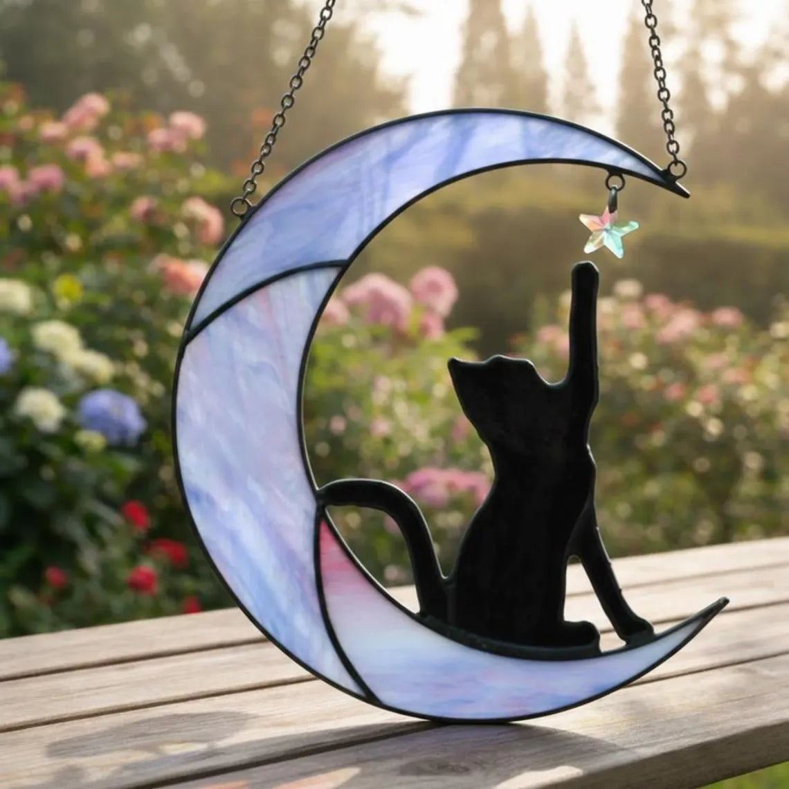 Stained Glass Cat on Moon Suncatcher
