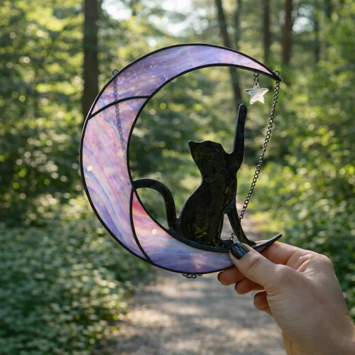 Stained Glass Cat on Moon Suncatcher