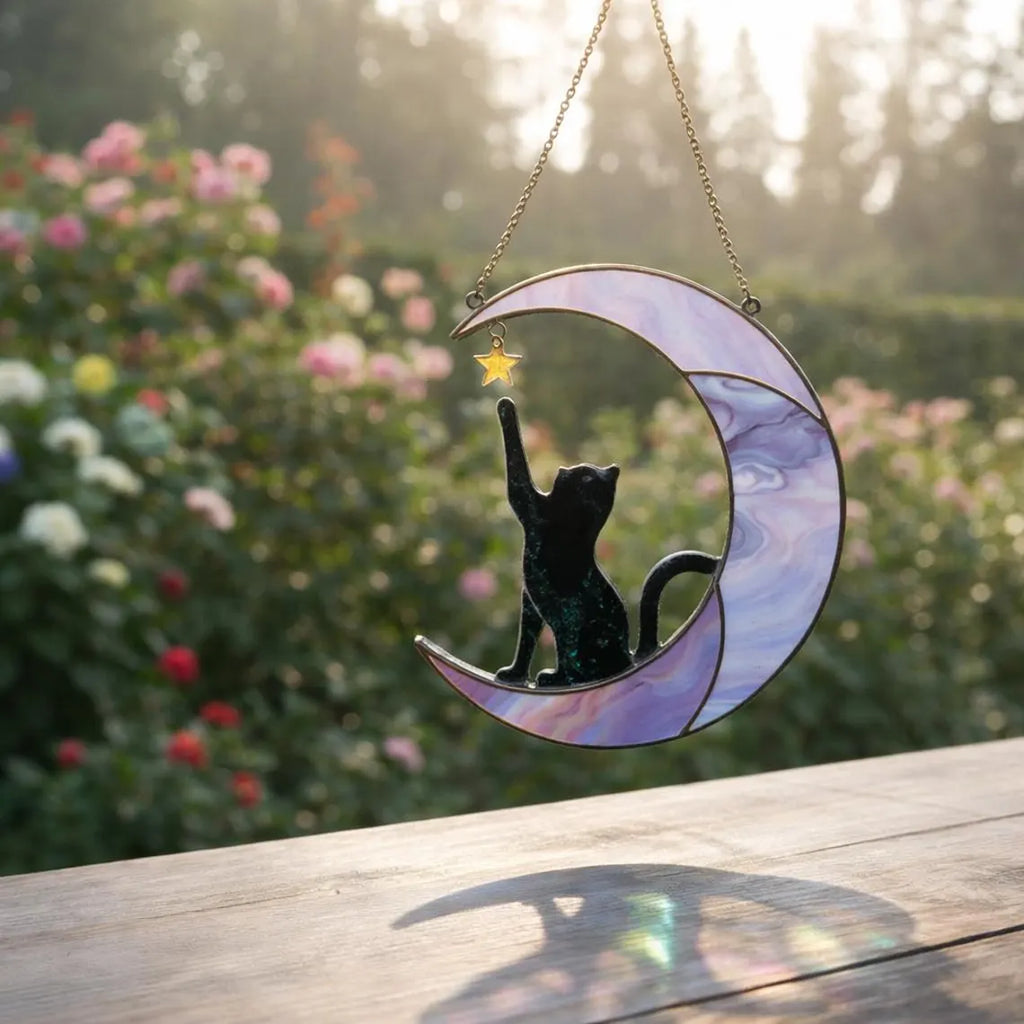 Stained Glass Cat on Moon Suncatcher
