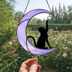 Stained Glass Cat on Moon Suncatcher