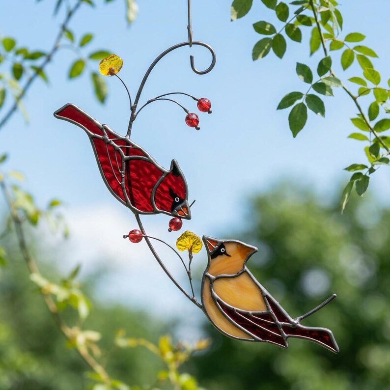 Hummingbird & Chickadee Stained Glass Suncatcher