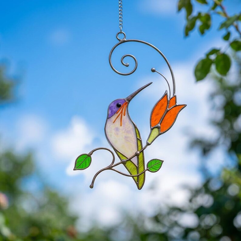 Hummingbird & Chickadee Stained Glass Suncatcher