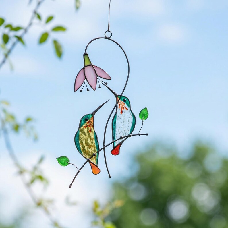 Hummingbird & Chickadee Stained Glass Suncatcher