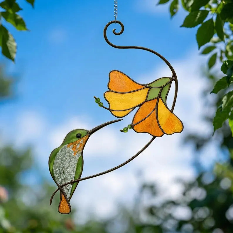 Hummingbird & Chickadee Stained Glass Suncatcher